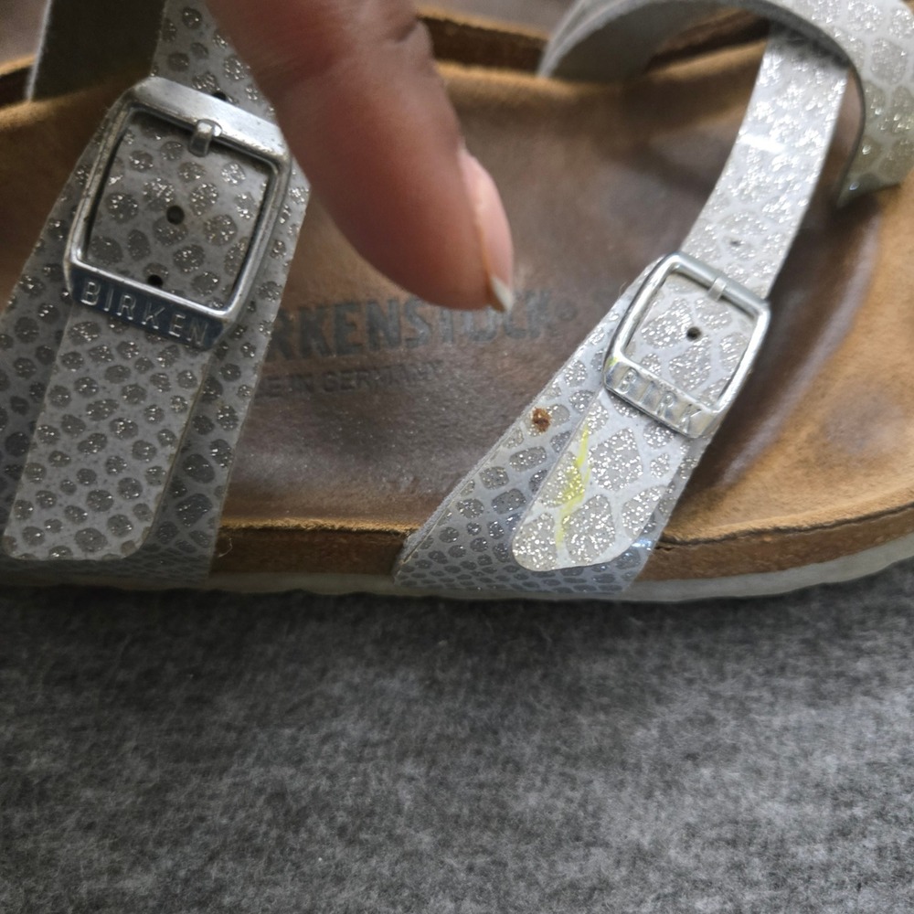 Birkenstock Mayari Sandals Women 40 Silver Snake Print Glitter Strappy Comfort - Picture 3 of 11